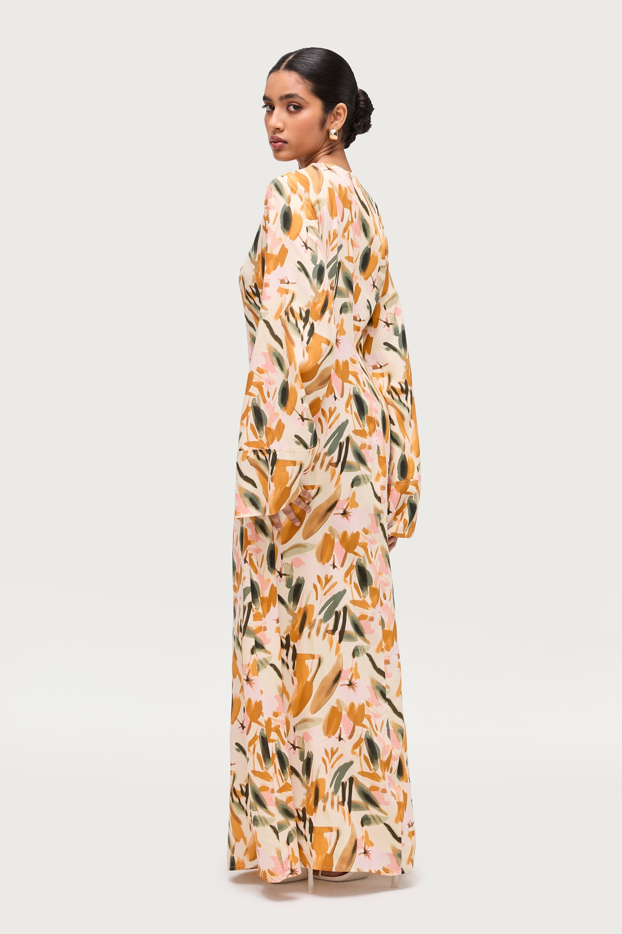 Cotton Linen Asymmetric Maxi Dress - Sunset Watercolor
