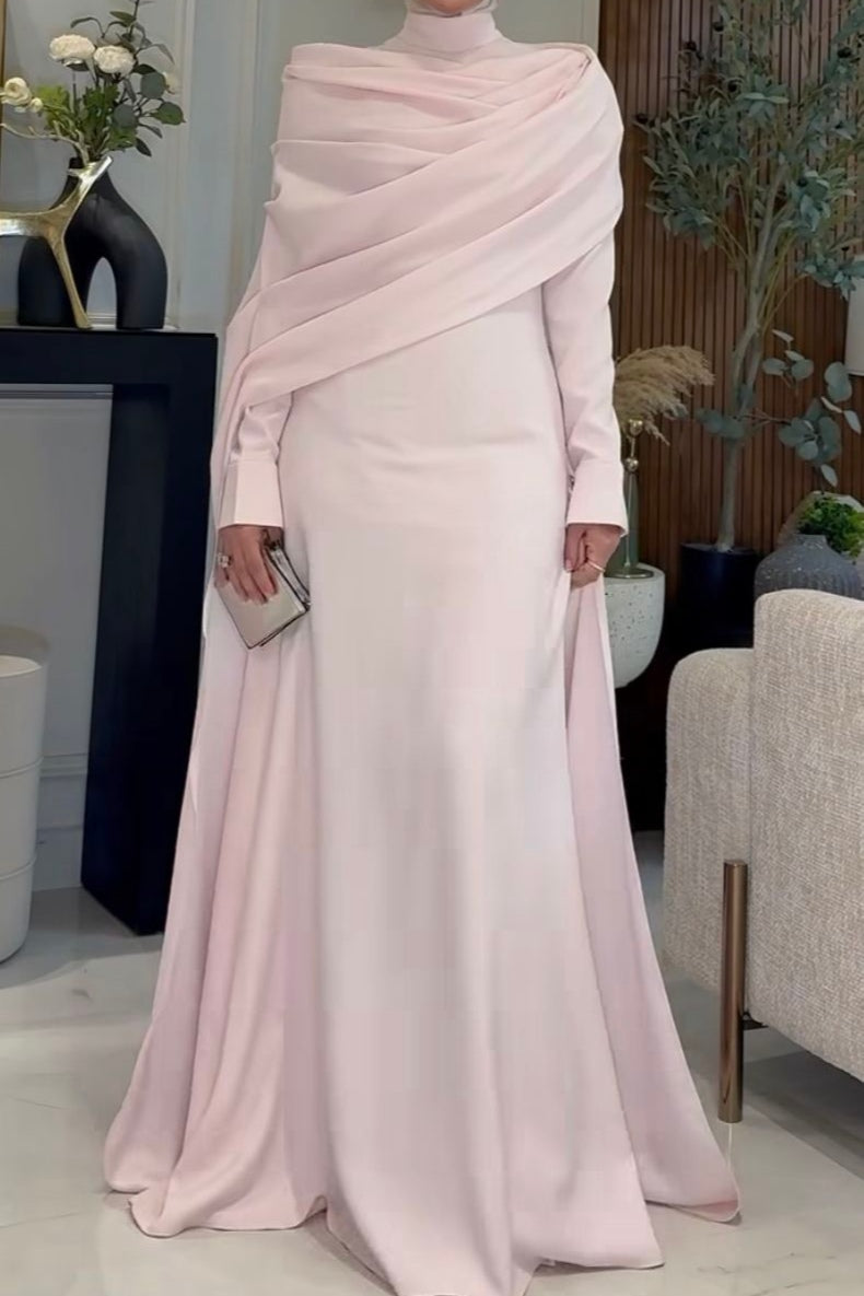Blush Pink Draped Modest Evening Gown