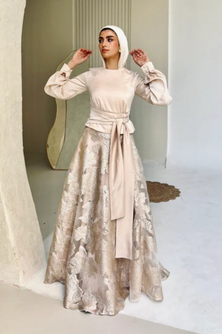High-Neck Silhouette Maxi Gown-Beige