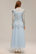 Sabina Long Sleeve Folds Lace Butterfly Top And Skirt Two-Piece Set