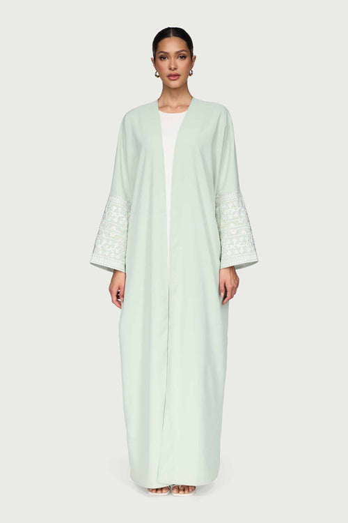 Dalal Embroidered Open Abaya - Pistachio