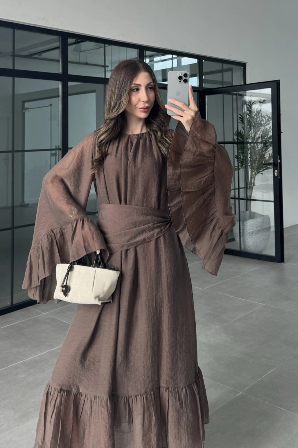 Maya Ruched Waist Flared Sleeve Dress-Brown