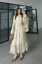 Maya Ruched Waist Flared Sleeve Dress-Apricot