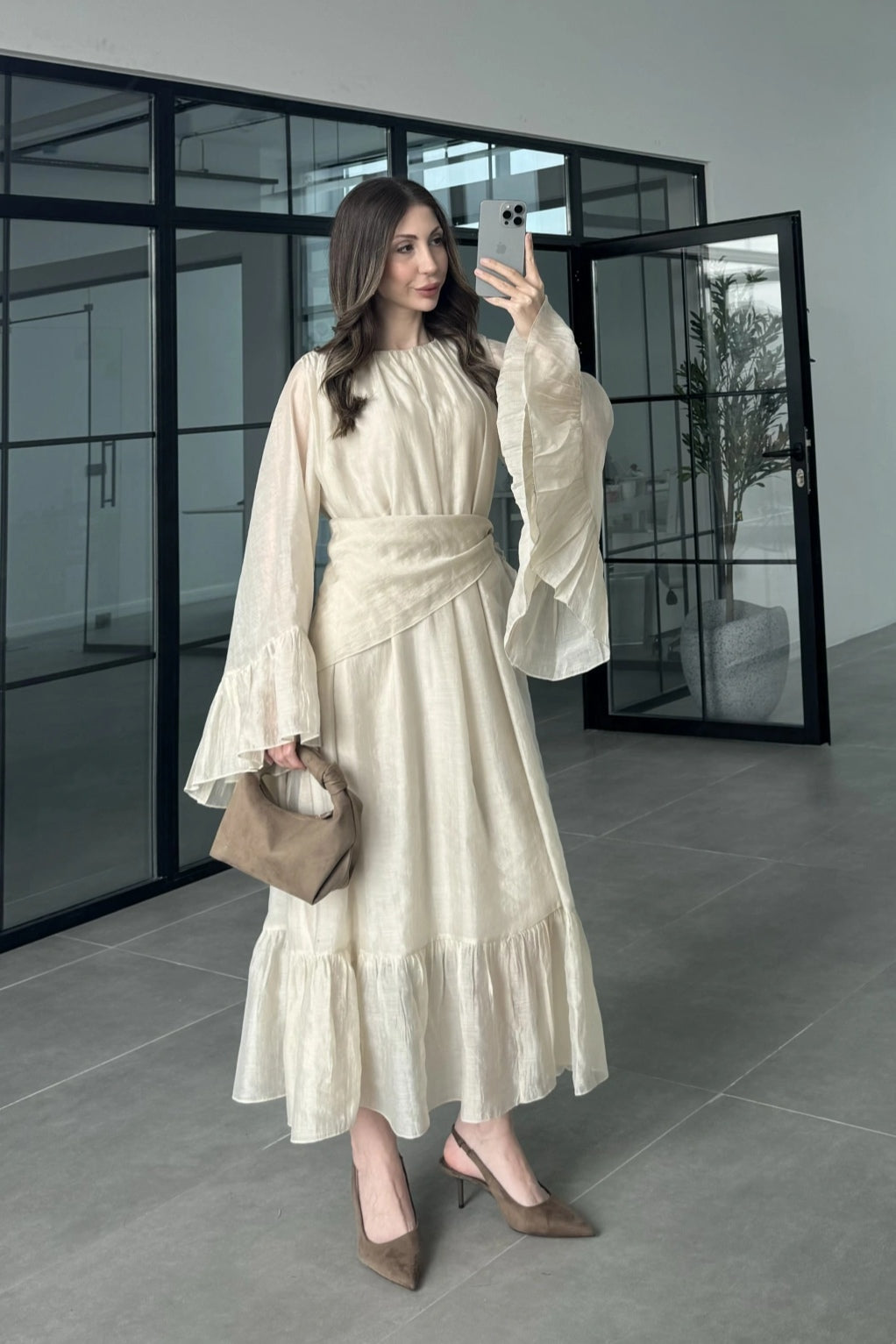 Maya Ruched Waist Flared Sleeve Dress-Apricot