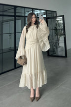 Maya Ruched Waist Flared Sleeve Dress-Apricot