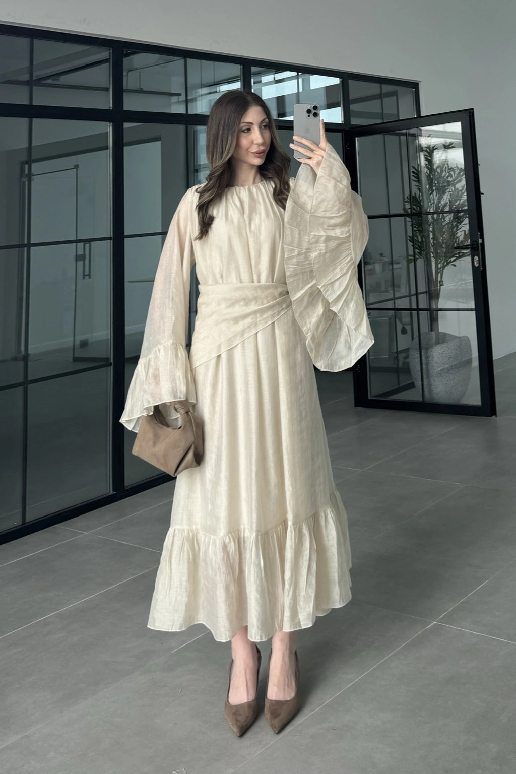 Maya Ruched Waist Flared Sleeve Dress-Apricot