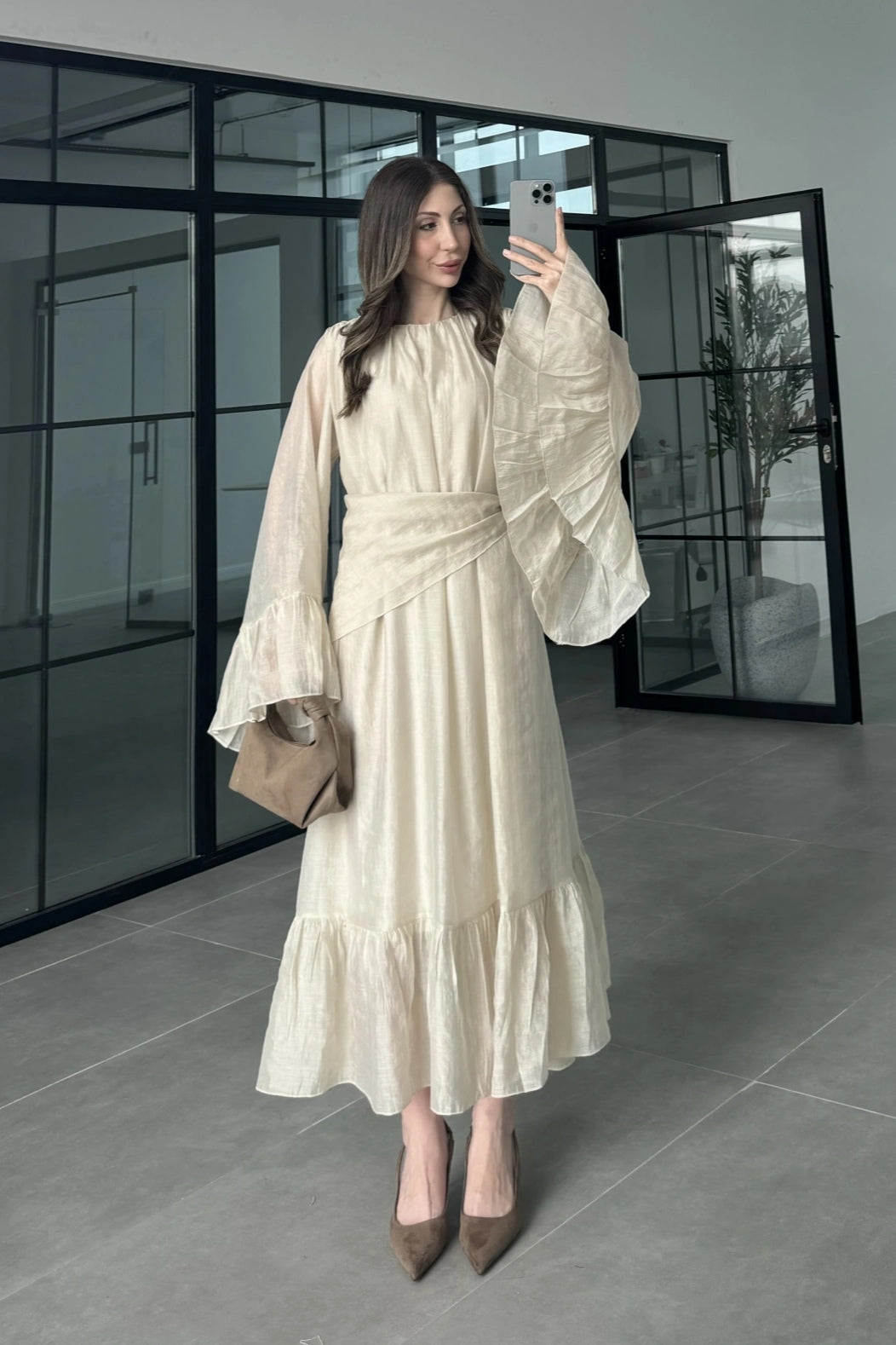 Maya Ruched Waist Flared Sleeve Dress-Apricot