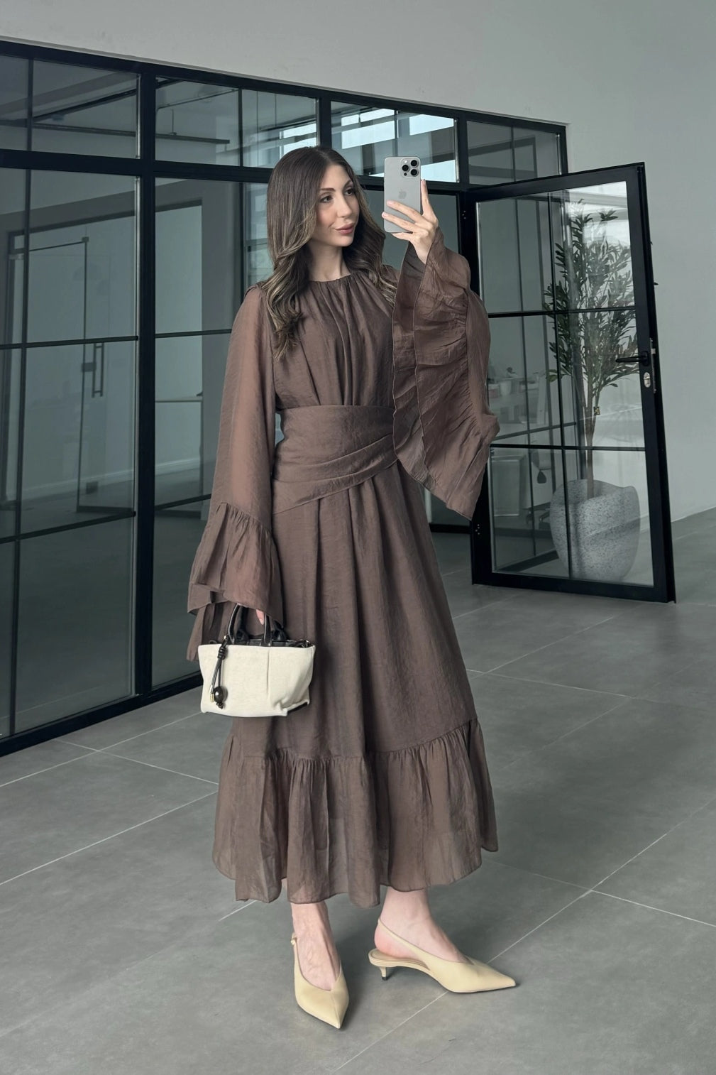 Maya Ruched Waist Flared Sleeve Dress-Brown