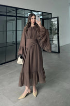 Maya Ruched Waist Flared Sleeve Dress-Brown