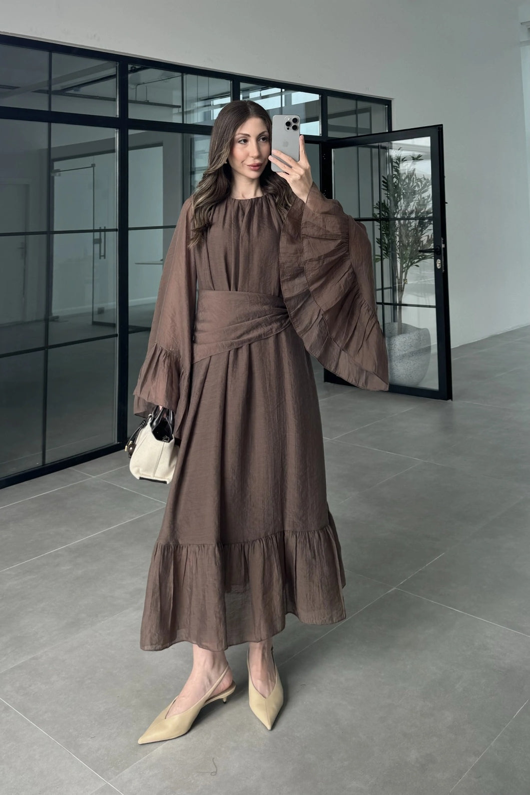 Maya Ruched Waist Flared Sleeve Dress-Brown