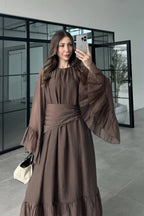 Maya Ruched Waist Flared Sleeve Dress-Brown
