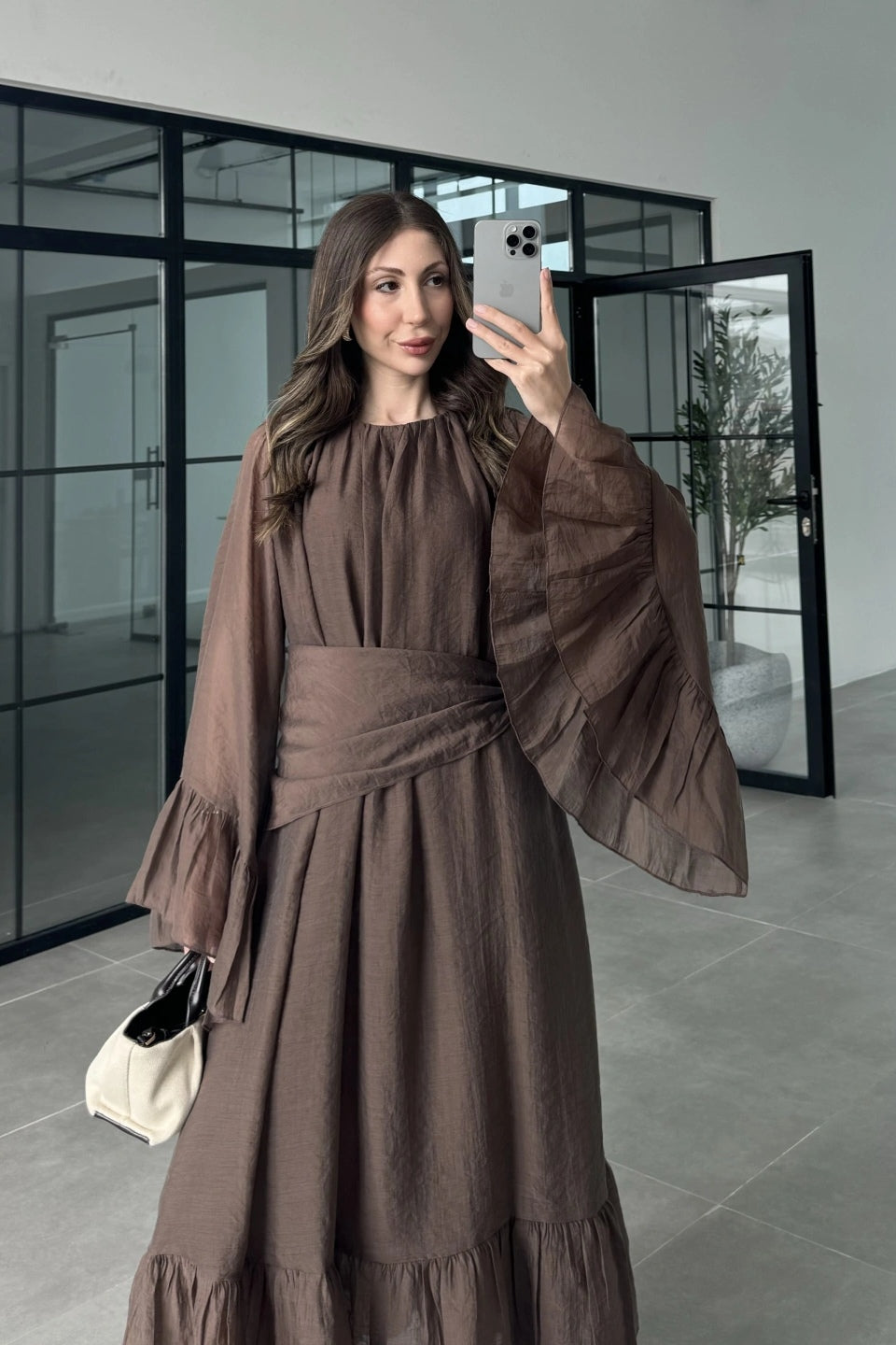 Maya Ruched Waist Flared Sleeve Dress-Brown