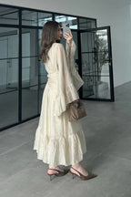 Maya Ruched Waist Flared Sleeve Dress-Apricot