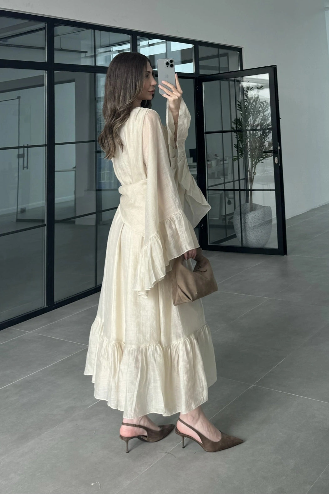Maya Ruched Waist Flared Sleeve Dress-Apricot