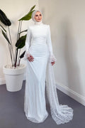 Ethereal High-End Long Sleeve Pastel Evening Maxi Dress-White