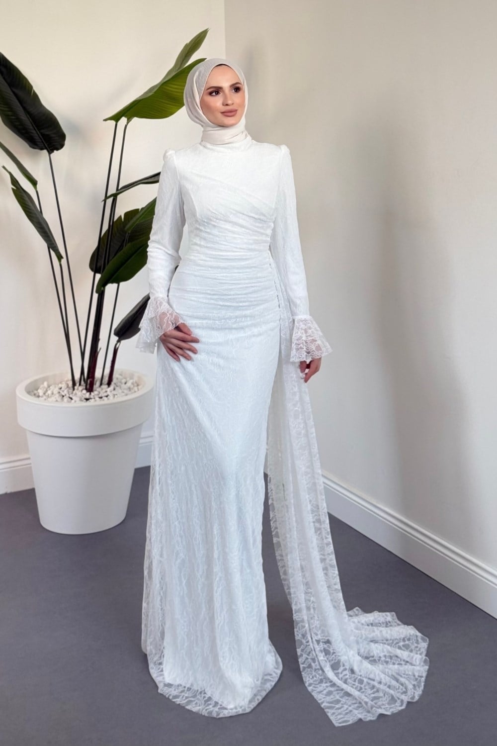 Ethereal High-End Long Sleeve Pastel Evening Maxi Dress-White
