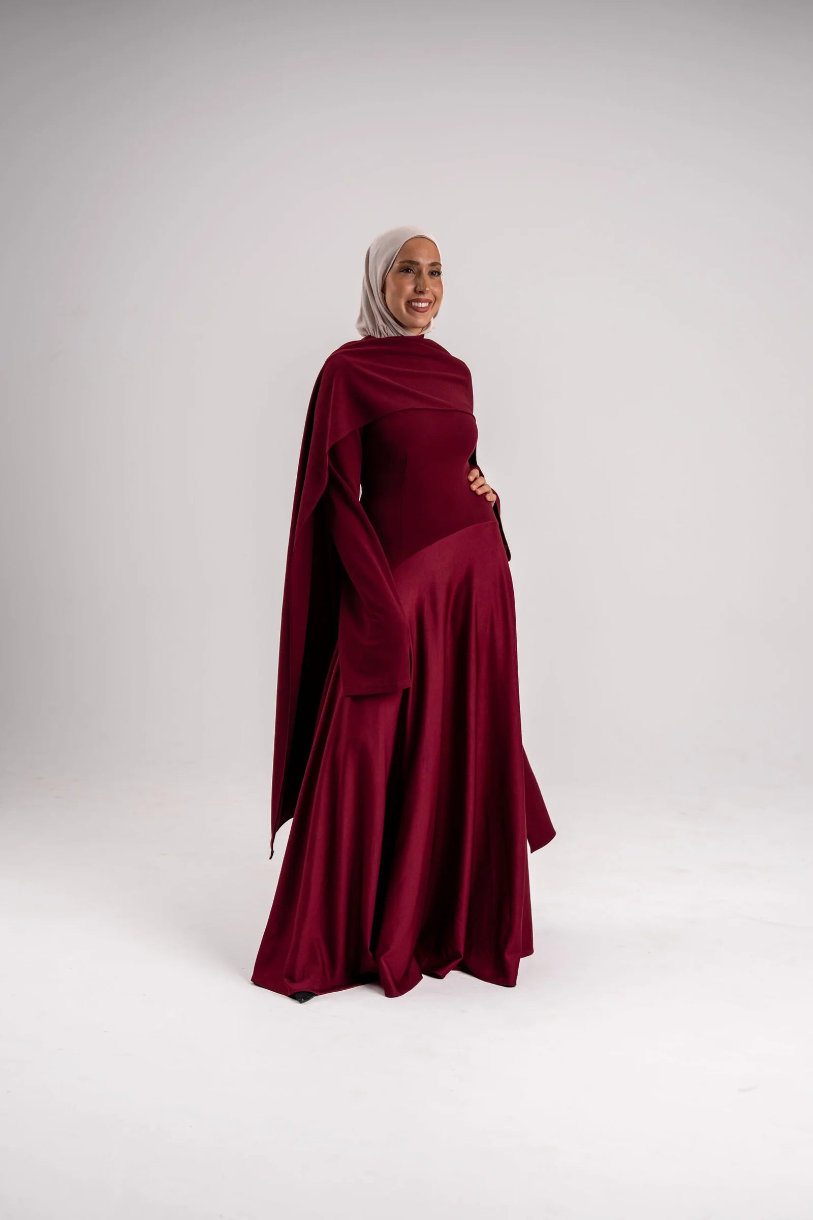 Aisha Burgundy Draped Satin Maxi Abaya