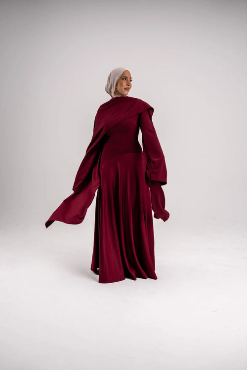Aisha Burgundy Draped Satin Maxi Abaya