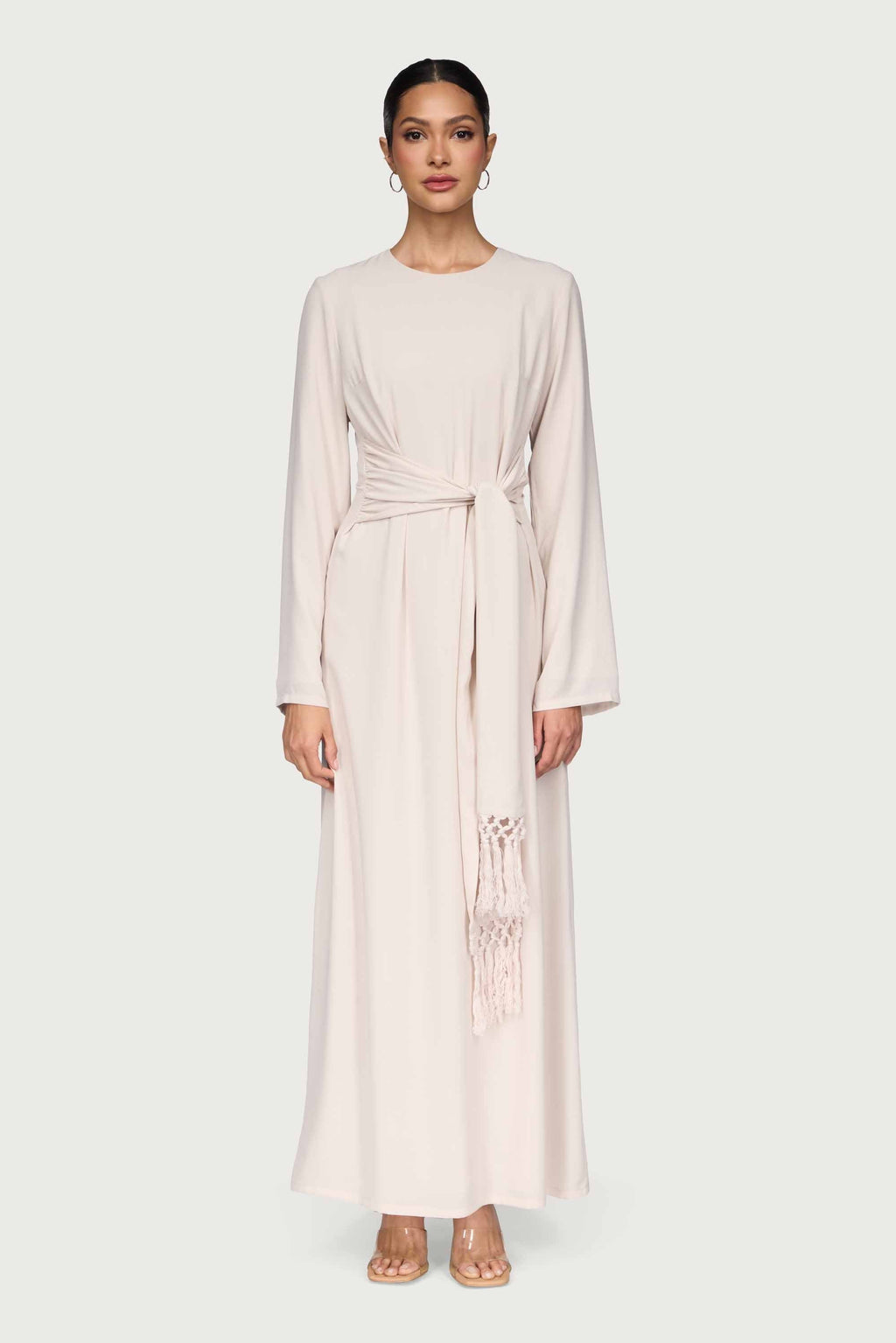 Dunya Tie Waist Tassel Maxi Dress - Stone