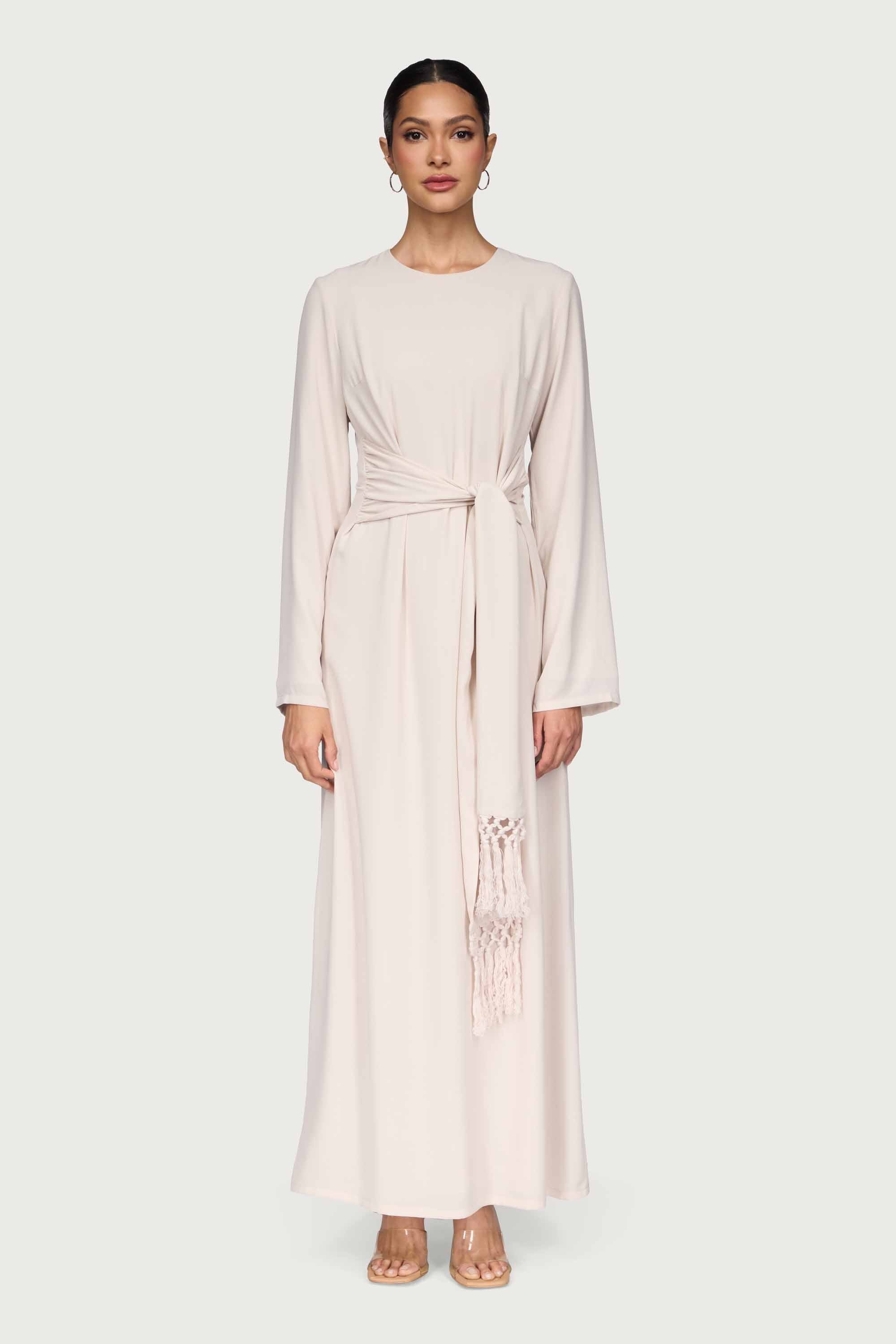 Dunya Tie Waist Tassel Maxi Dress - Stone
