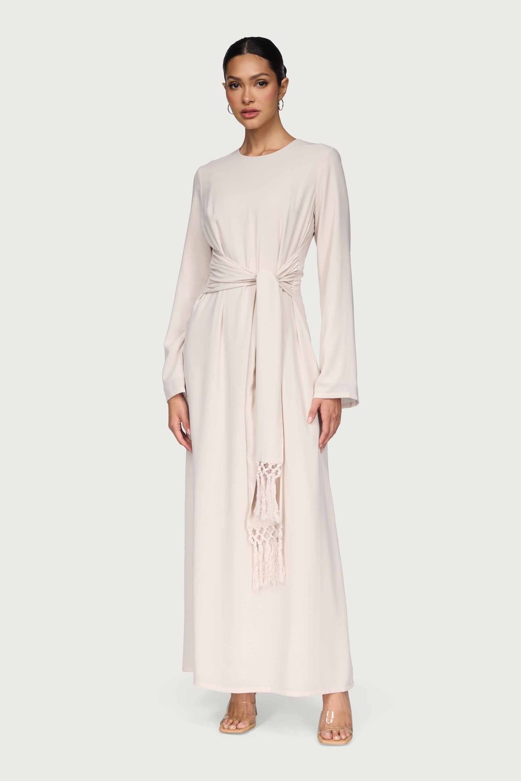 Dunya Tie Waist Tassel Maxi Dress - Stone