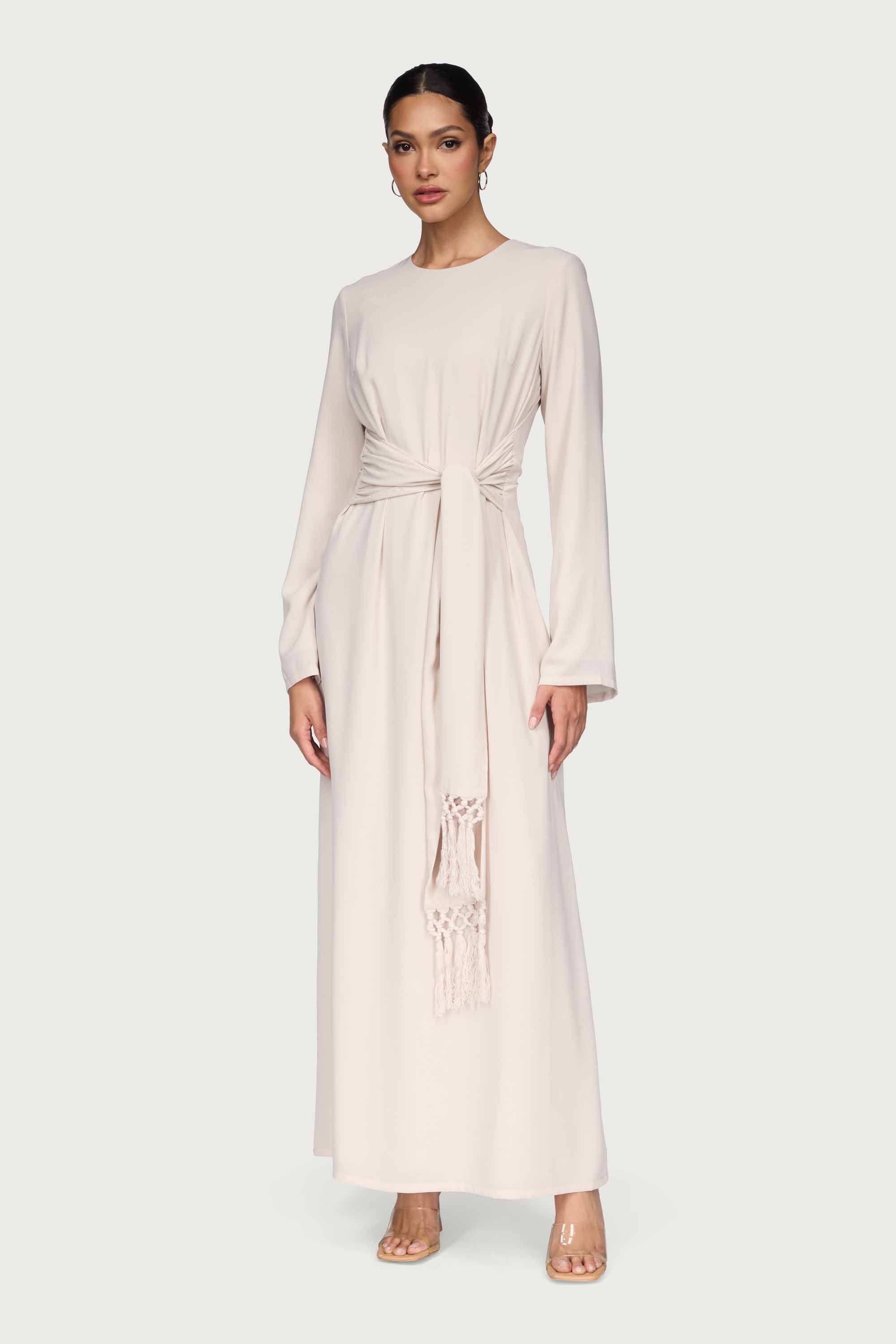 Dunya Tie Waist Tassel Maxi Dress - Stone