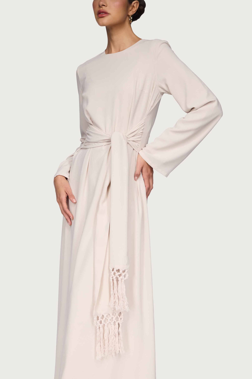 Dunya Tie Waist Tassel Maxi Dress - Stone