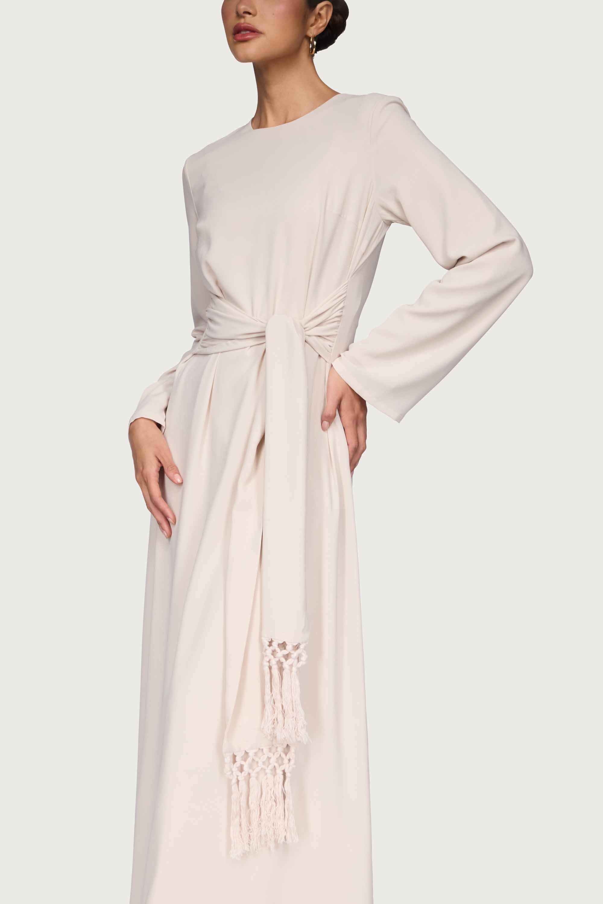 Dunya Tie Waist Tassel Maxi Dress - Stone