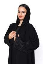 Zahra Sequin Lace Trim Hooded Open Abaya
