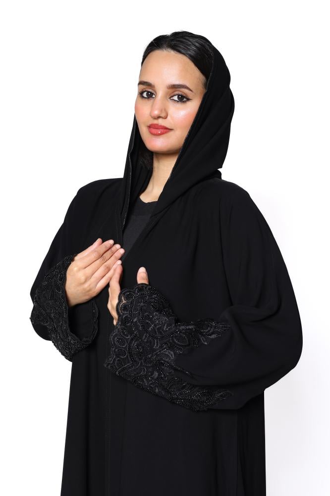 Zahra Sequin Lace Trim Hooded Open Abaya