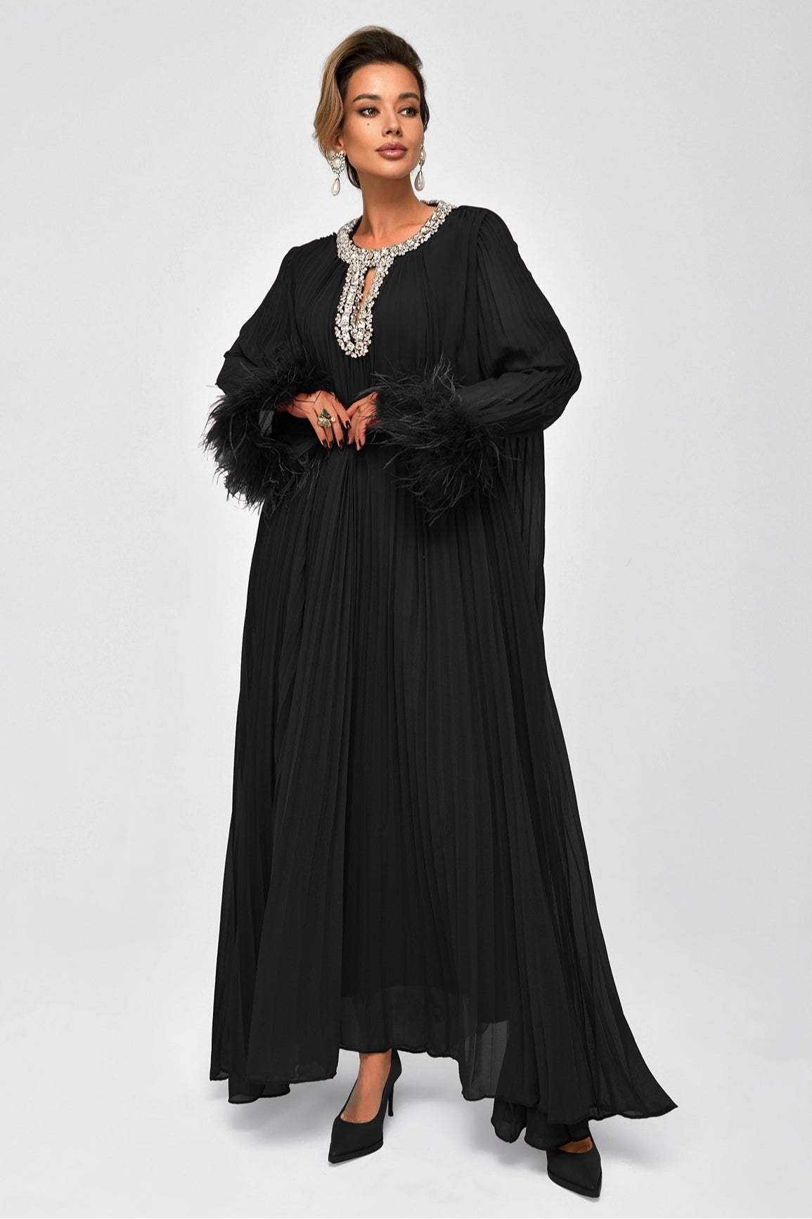 Kaelin Crystal Feather Pleated Abaya
