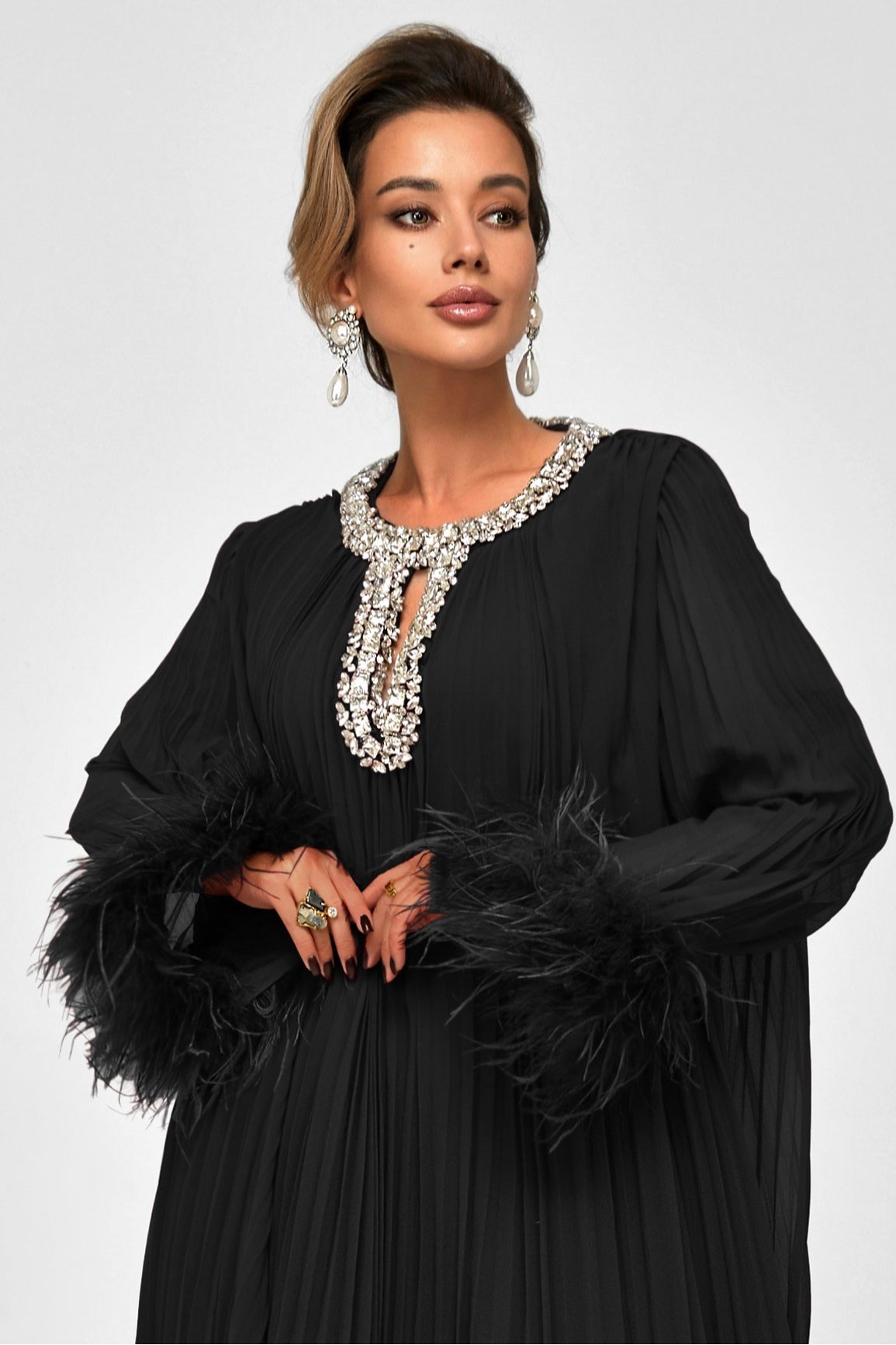 Kaelin Crystal Feather Pleated Abaya