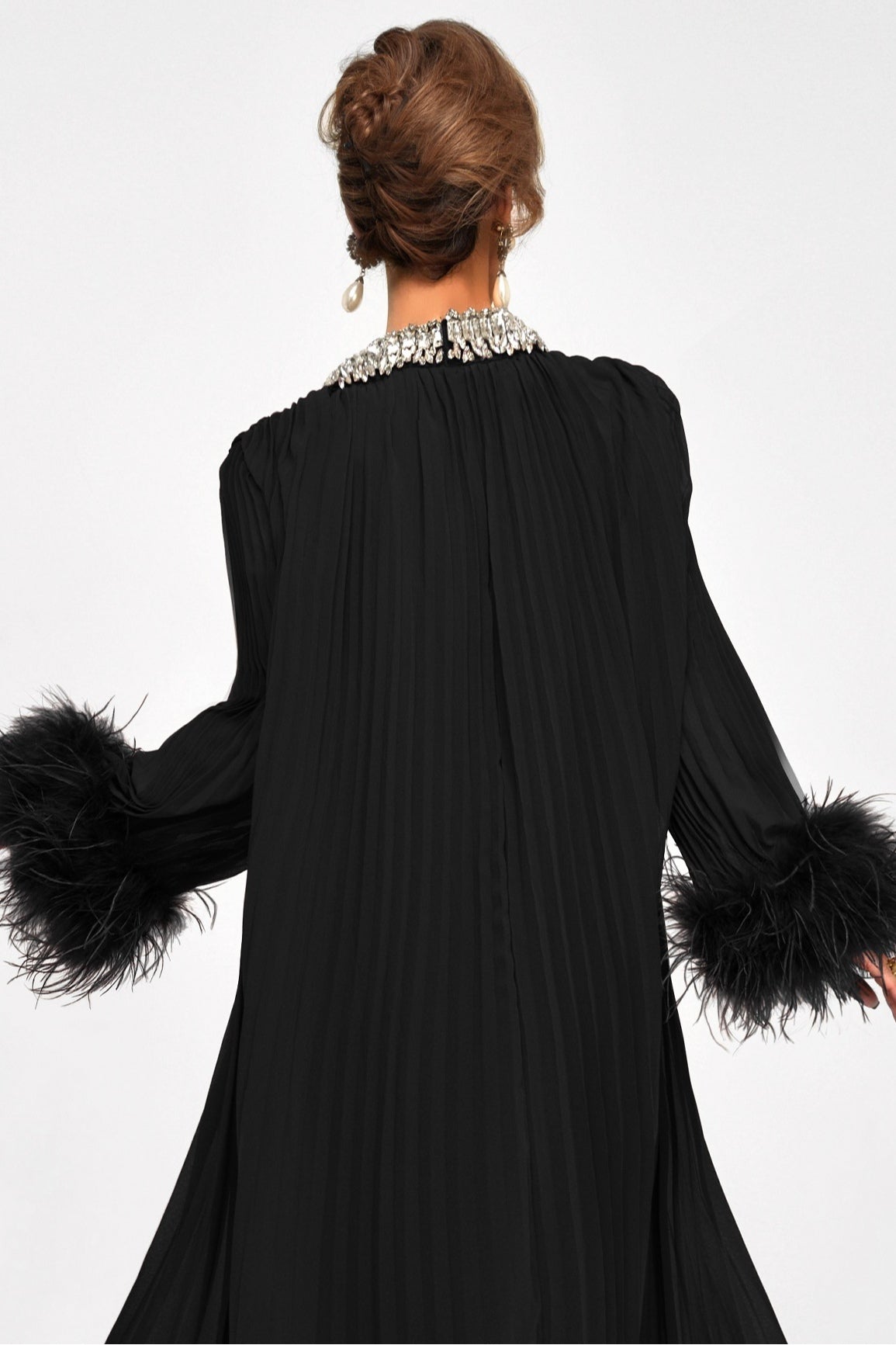 Kaelin Crystal Feather Pleated Abaya