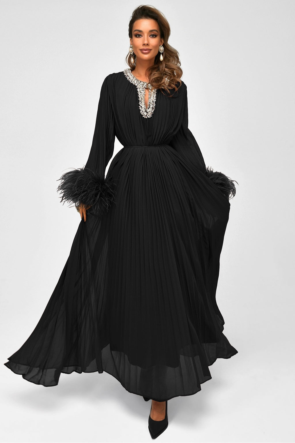 Kaelin Crystal Feather Pleated Abaya