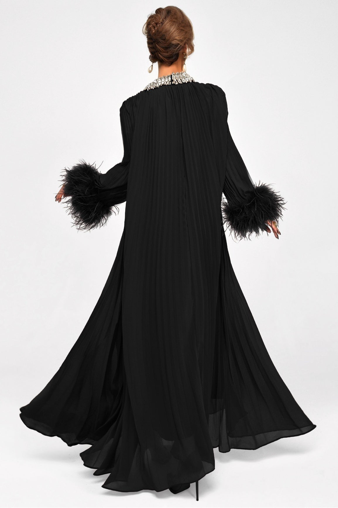 Kaelin Crystal Feather Pleated Abaya
