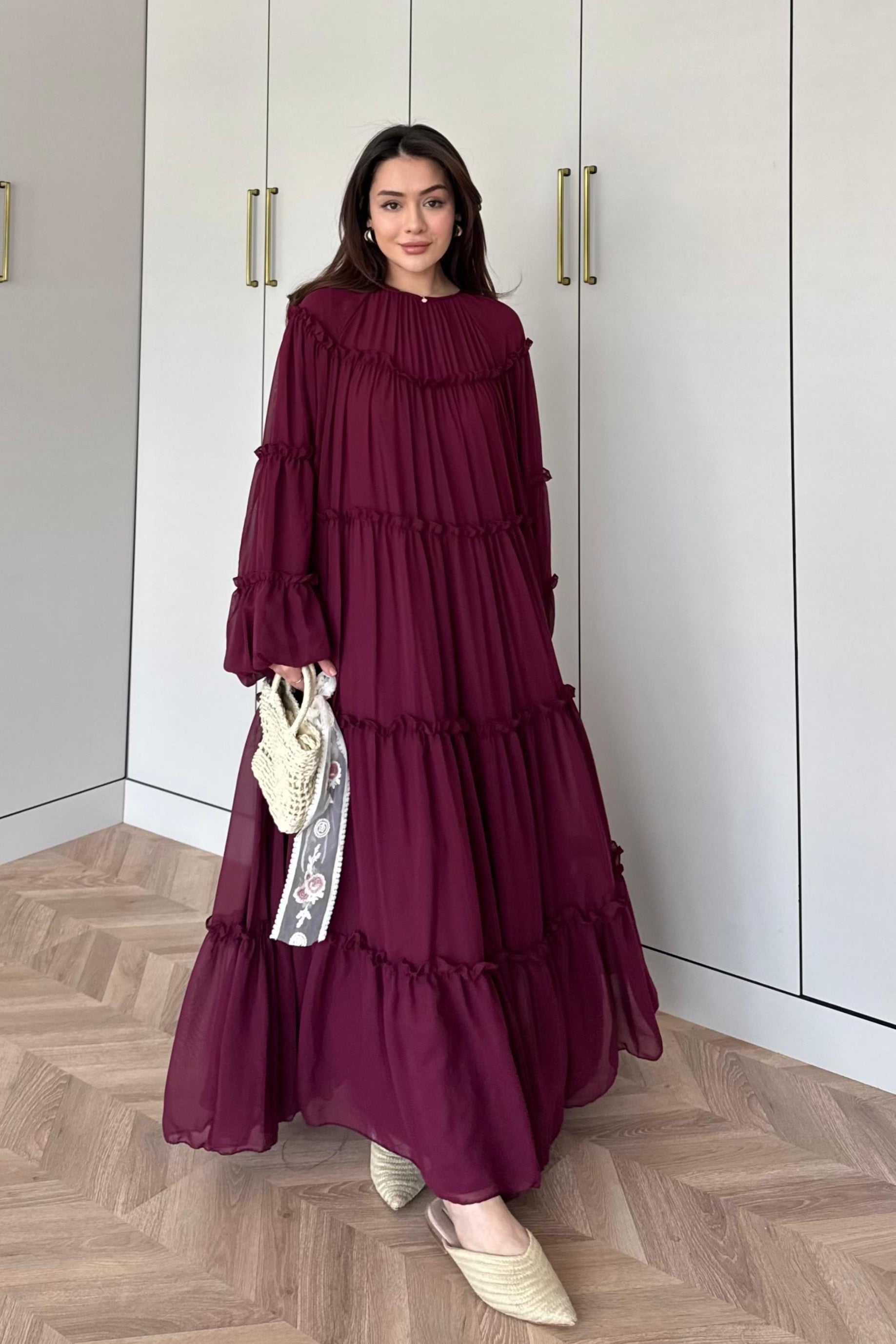 Tiered Ruffle Chiffon Maxi Dress-Wine