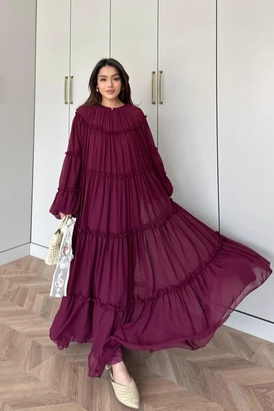 Tiered Ruffle Chiffon Maxi Dress-Wine