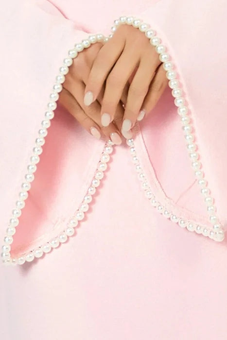 Pearl-Trimmed Cape Modest Evening Gown-Pink