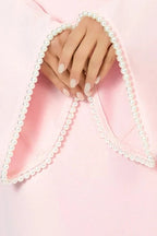 Pearl-Trimmed Cape Modest Evening Gown-Pink