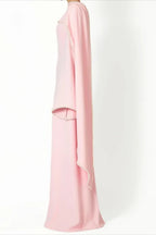 Pearl-Trimmed Cape Modest Evening Gown-Pink