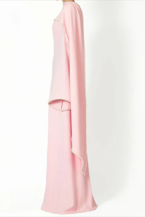 Pearl-Trimmed Cape Modest Evening Gown-Pink