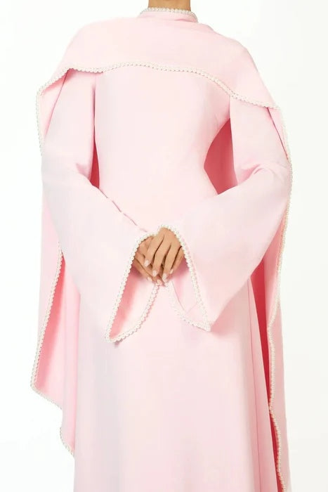 Pearl-Trimmed Cape Modest Evening Gown-Pink