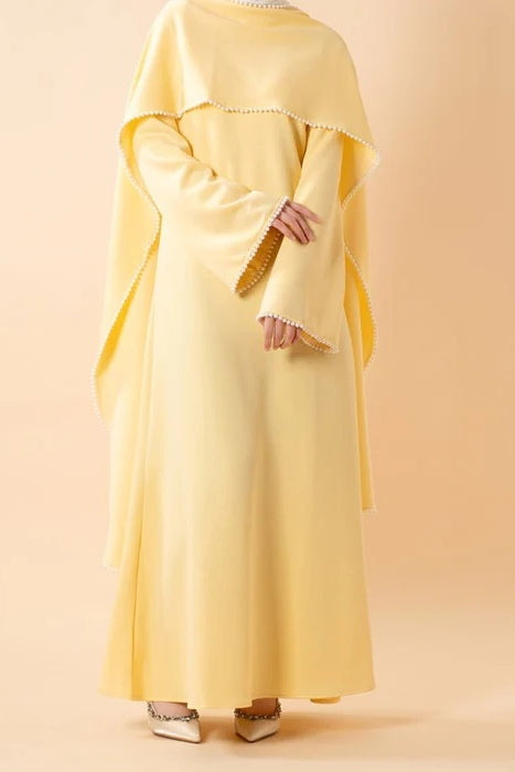 Pearl-Trimmed Cape Modest Evening Gown-Yellow