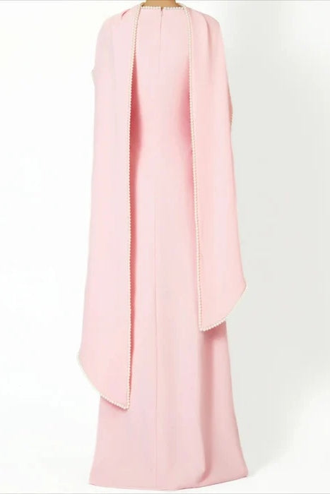 Pearl-Trimmed Cape Modest Evening Gown-Pink
