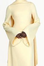 Pearl-Trimmed Cape Modest Evening Gown-Yellow
