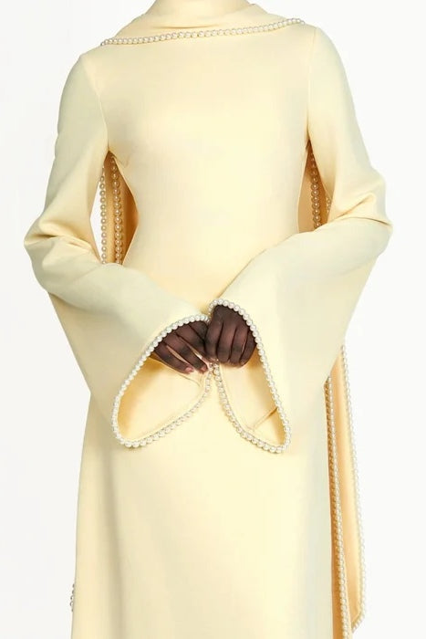 Pearl-Trimmed Cape Modest Evening Gown-Yellow