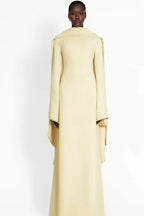 Pearl-Trimmed Cape Modest Evening Gown-Yellow