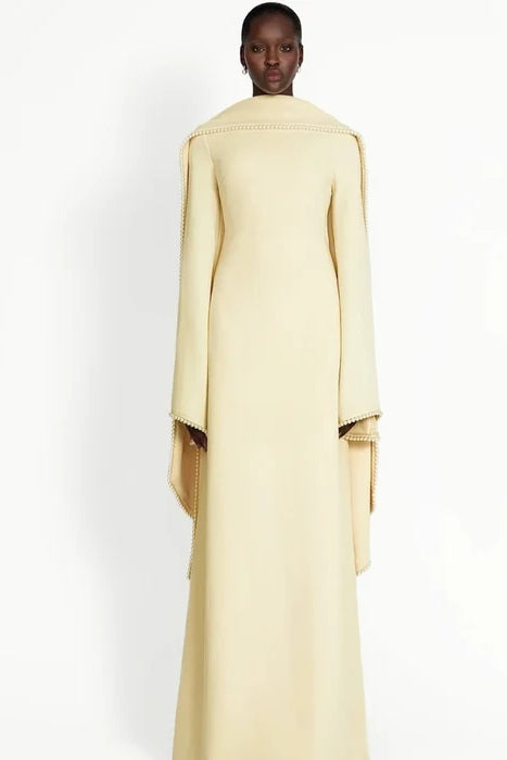 Pearl-Trimmed Cape Modest Evening Gown-Yellow