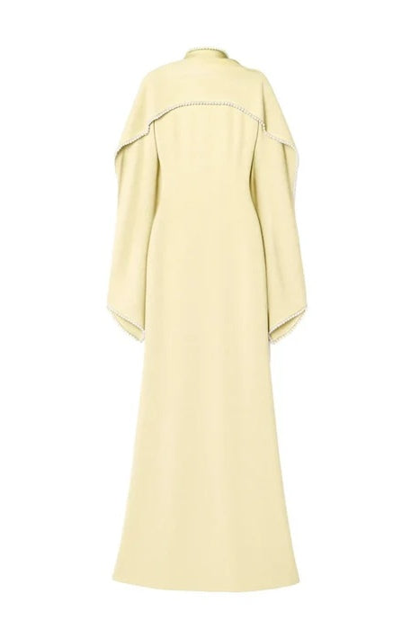 Pearl-Trimmed Cape Modest Evening Gown-Yellow