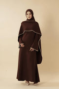 Pearl-Trimmed Cape Modest Evening Gown-Coffee